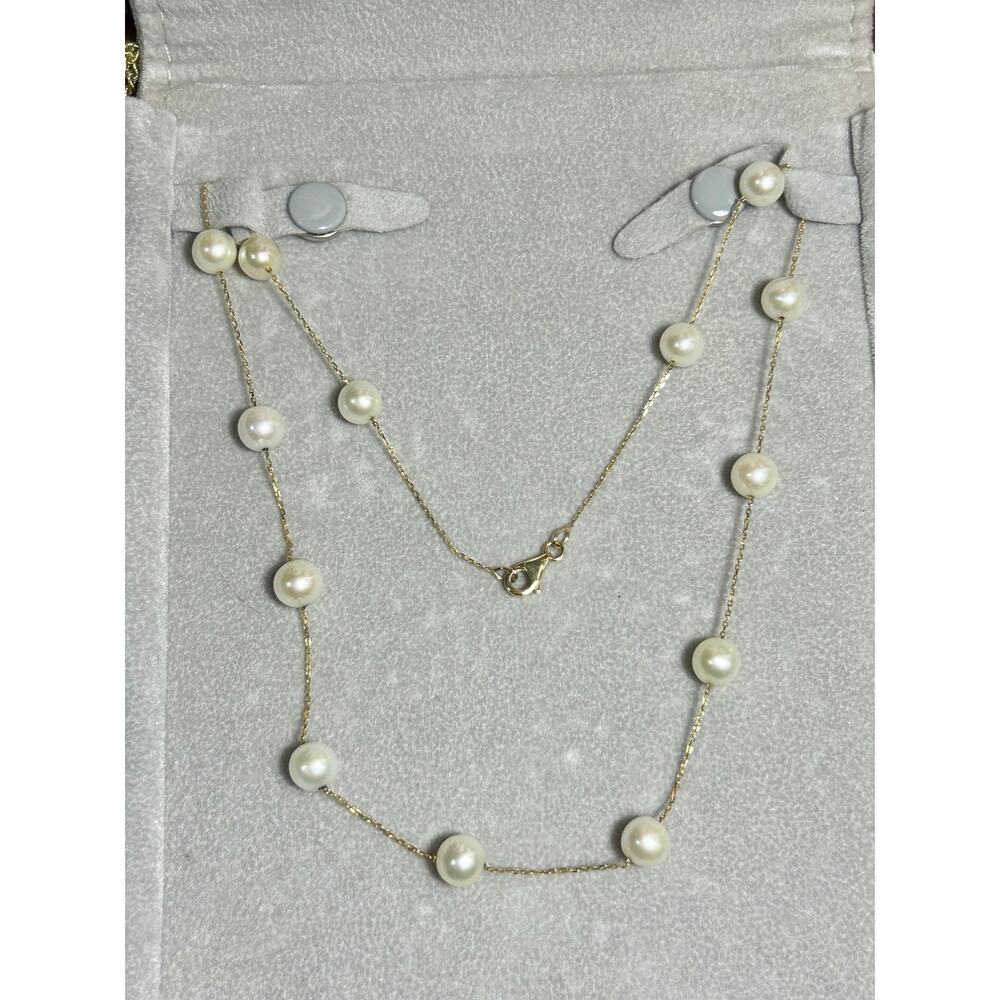 Shane Jewelry 14k solid yellow gold white pearl station chain necklace 18” 8.54g